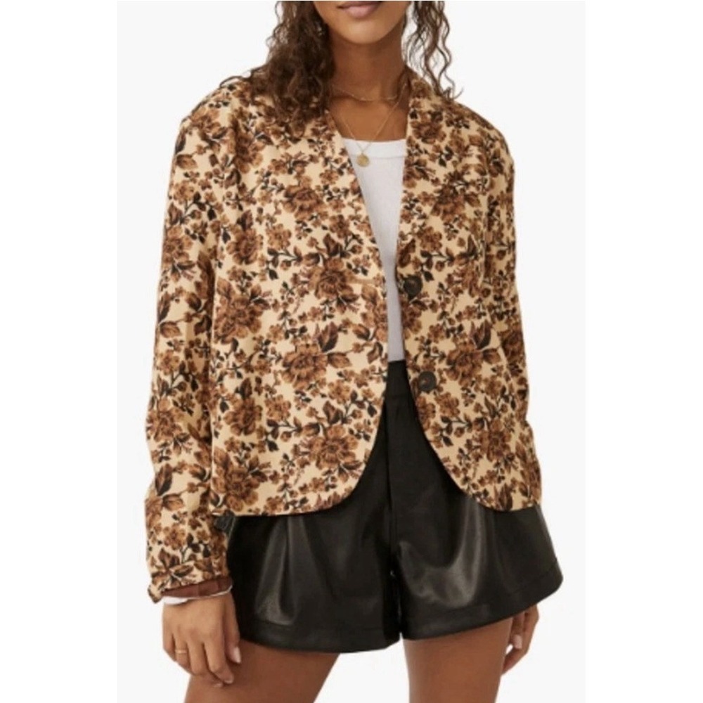 NWT Free People Cali Floral Print Boxy Single Breasted Blazer Large Sand Combo